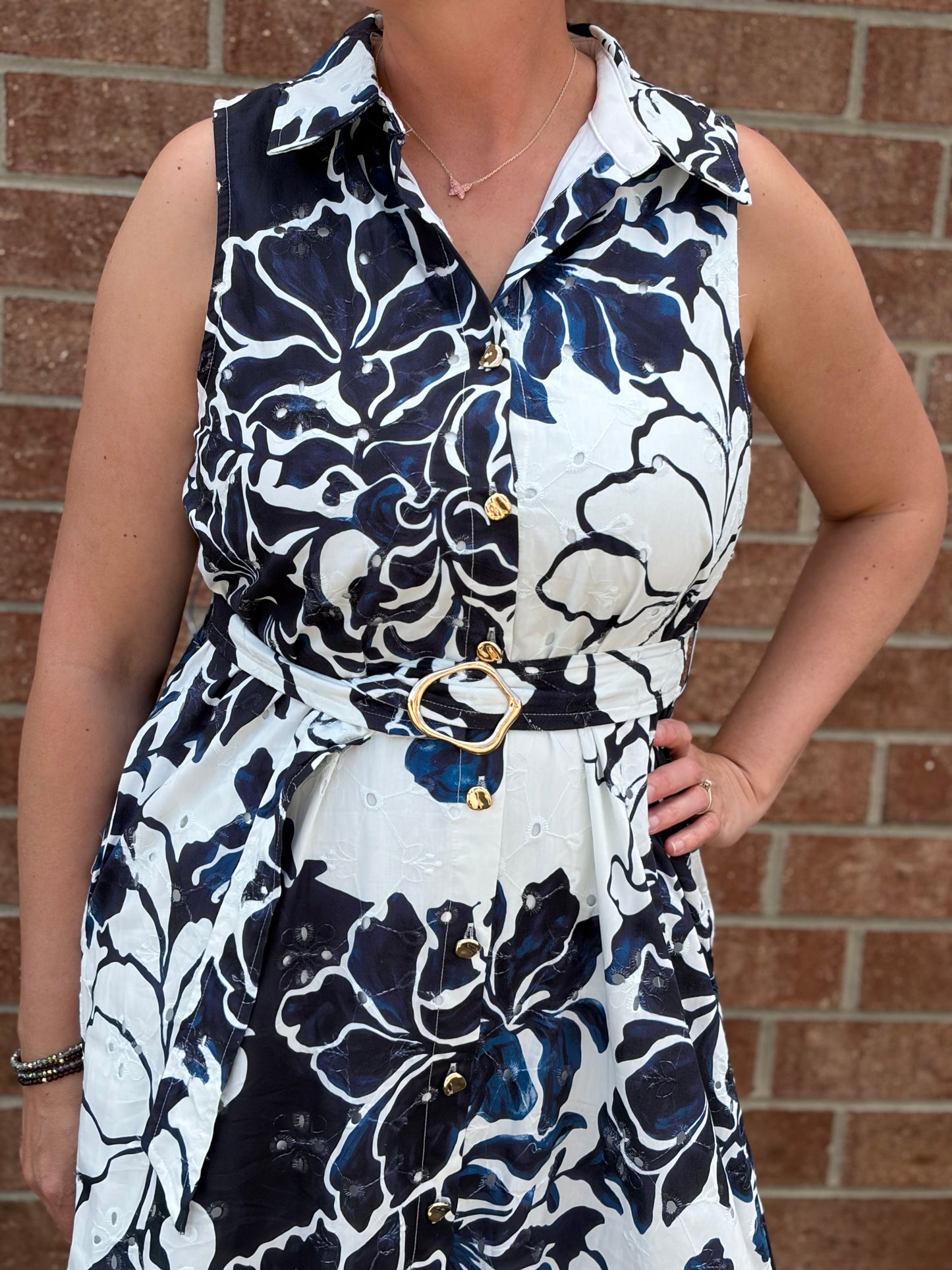 Entro Navy Floral Print Sleeveless Midi Dress with Tie Waist