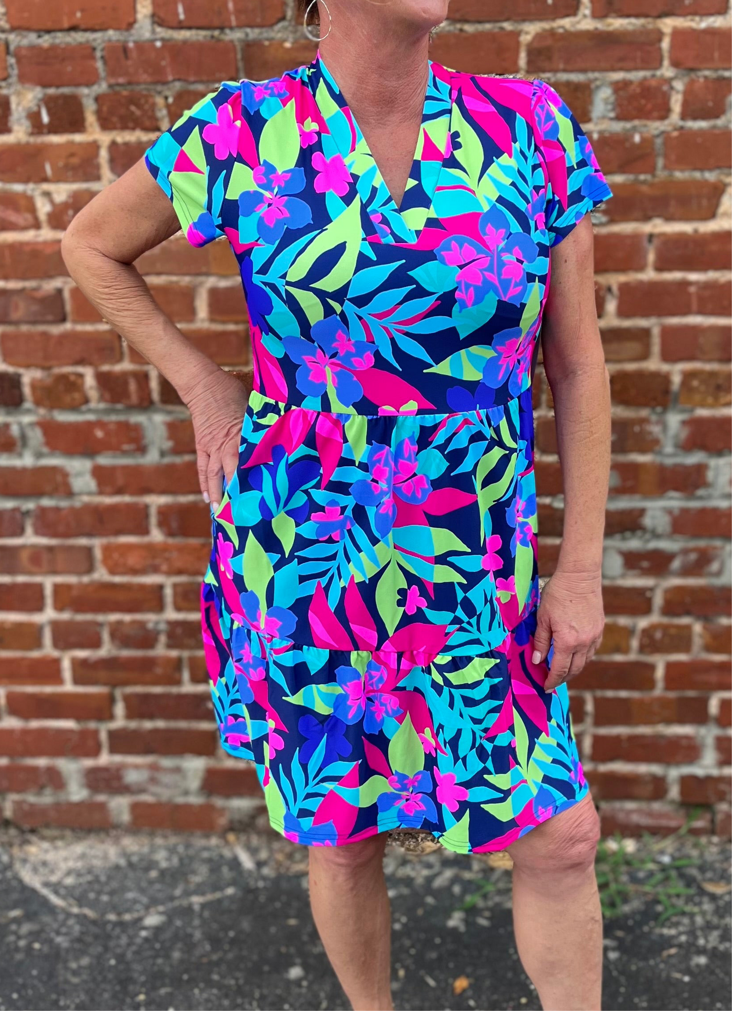 Natalia Tropical Print Short Sleeve Tiered Dress Aryeh