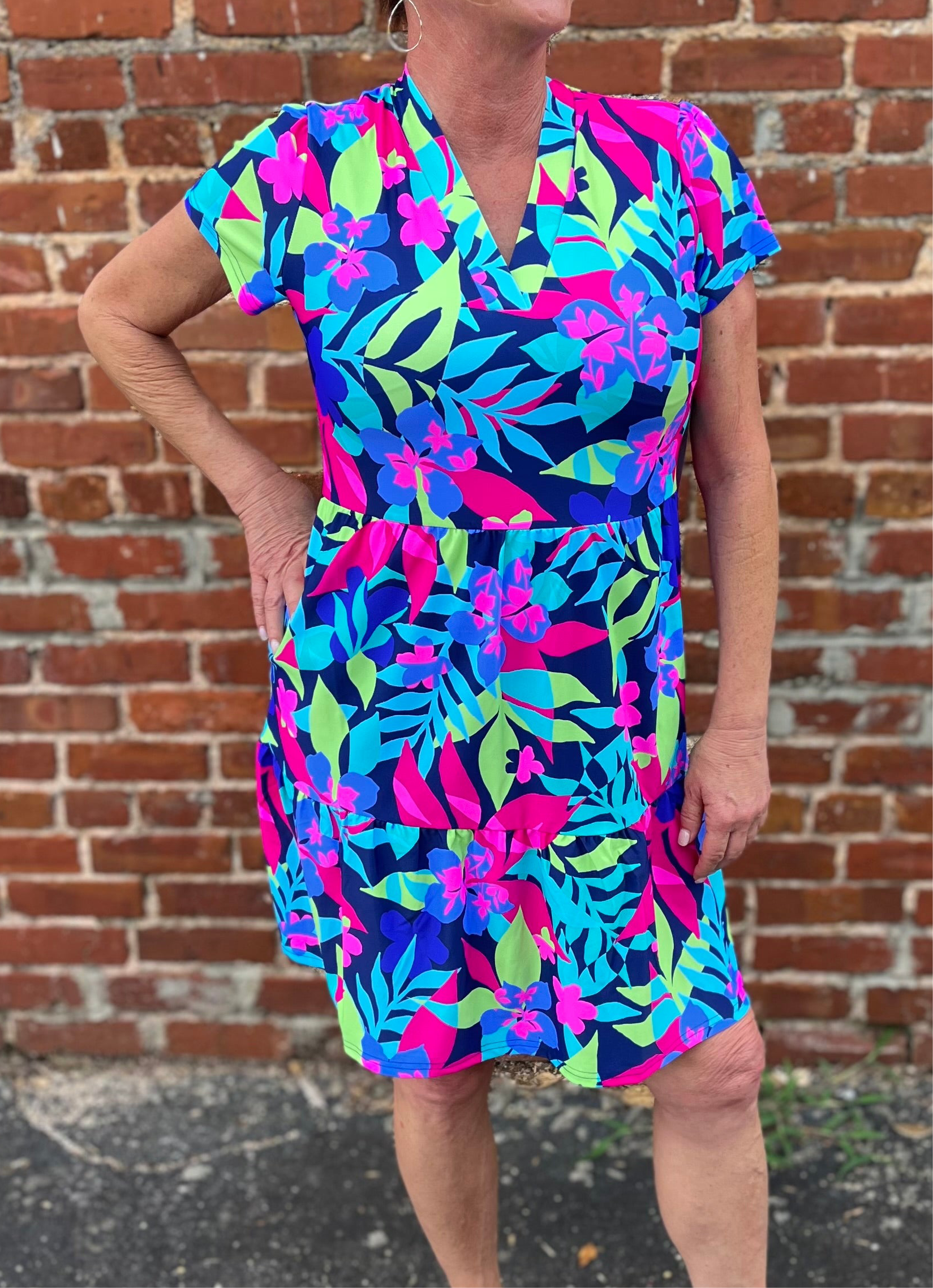 Natalia Tropical Print Short Sleeve Tiered Dress Aryeh