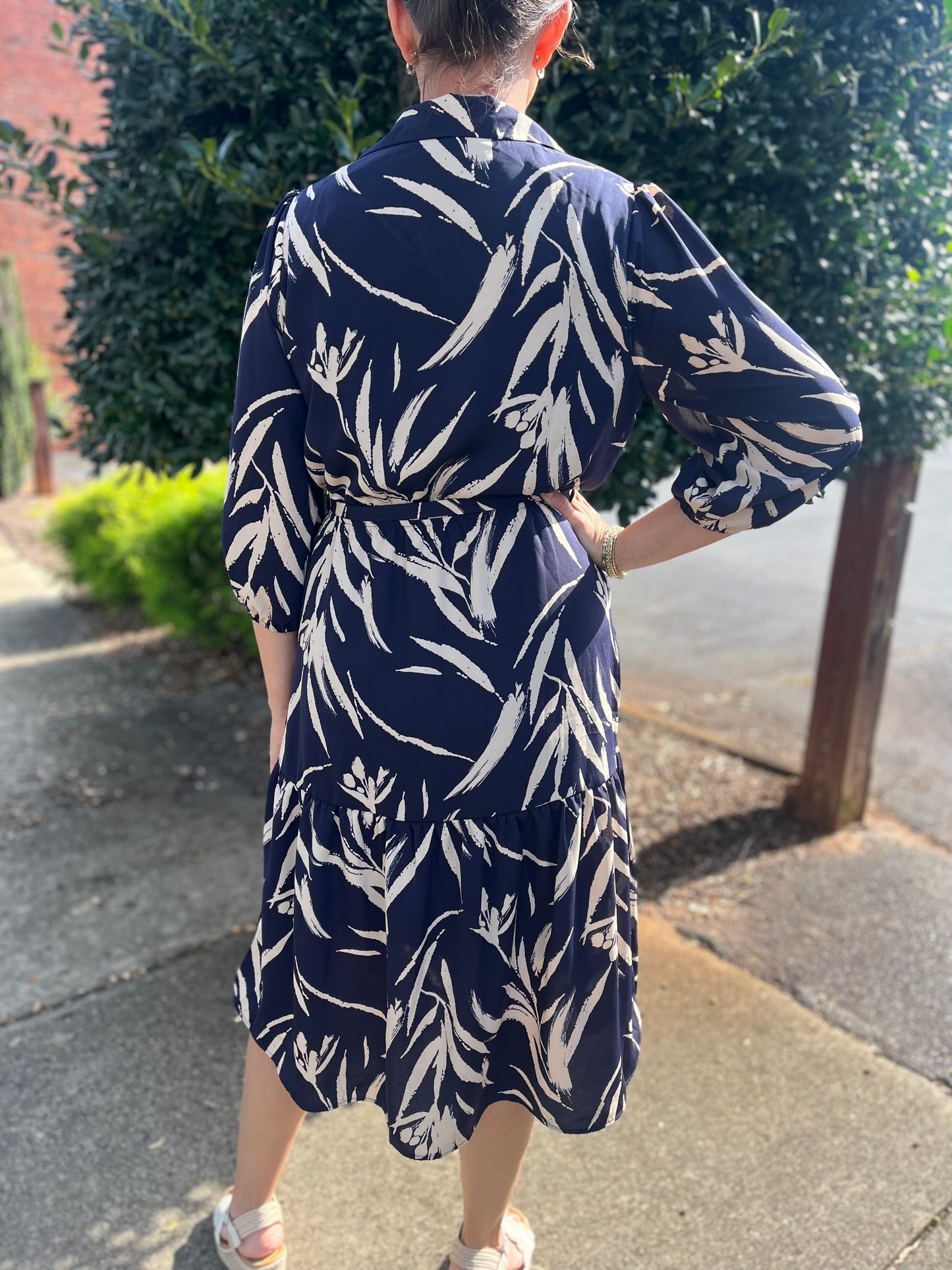 Navy Abstract Print Dress with Tie Waist