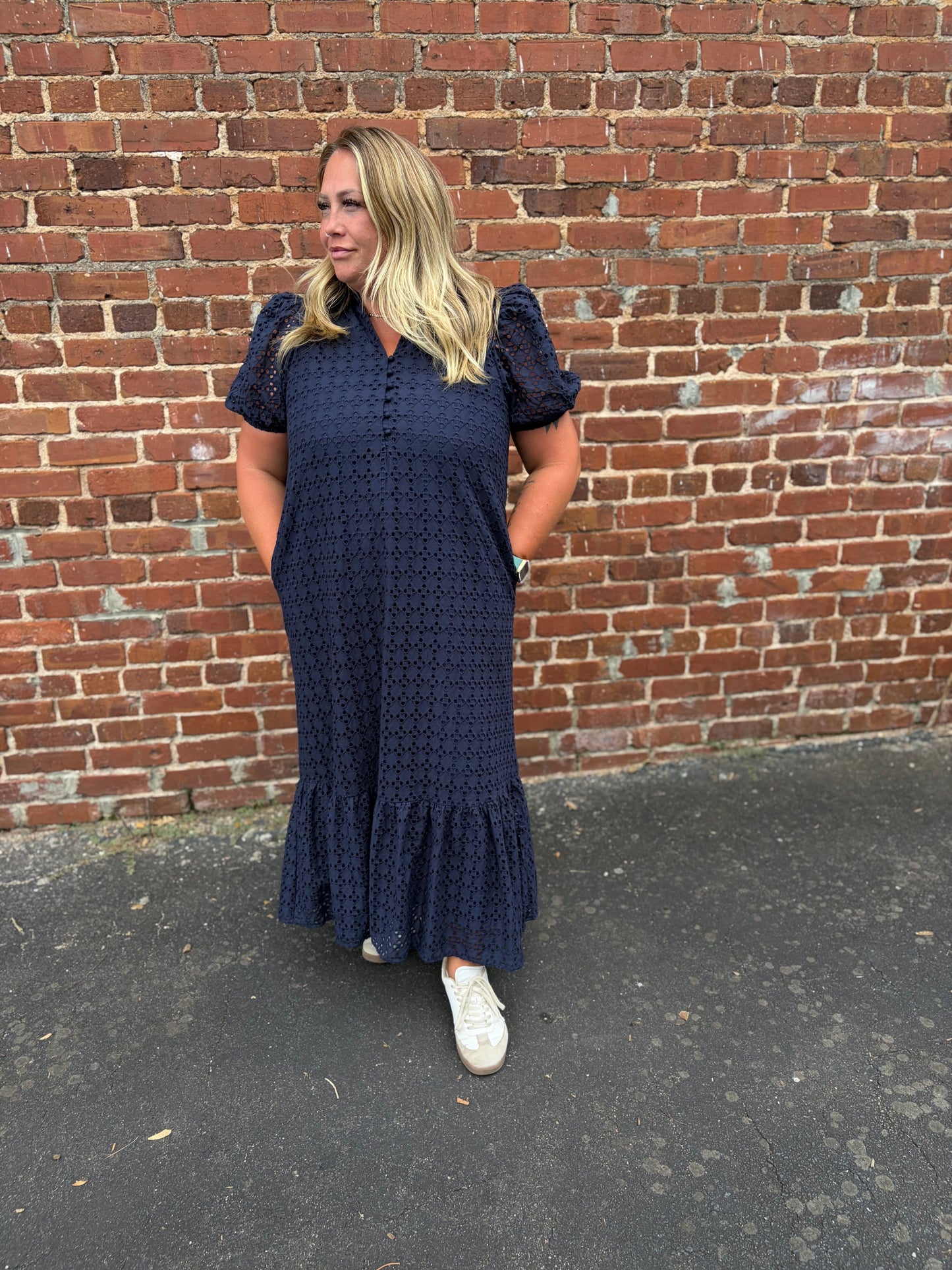 PLUS Entro Navy Eyelet Puff Sleeve Midi Dress with Pockets