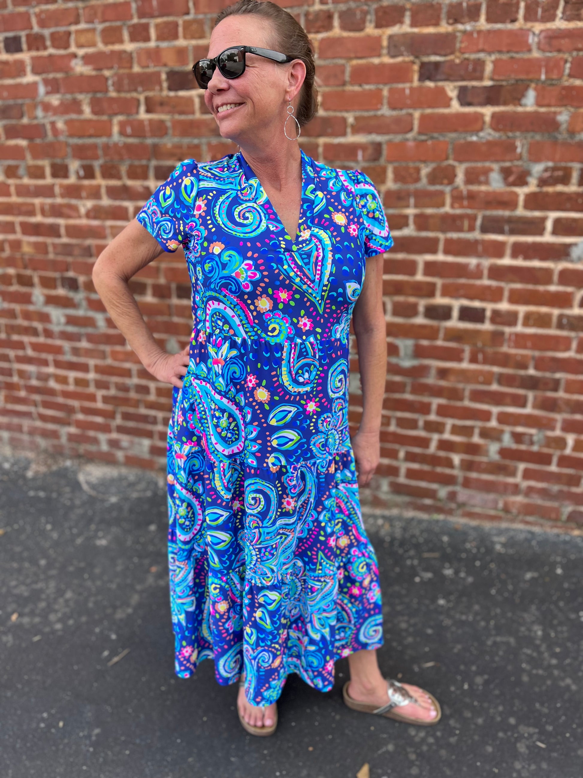 Gloria Navy Mix Short Sleeve Tiered Maxi Dress - www.shoppesonmainconover.com