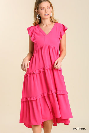 Hot Pink Umgee Flutter Sleeved Tiered Midi Dress