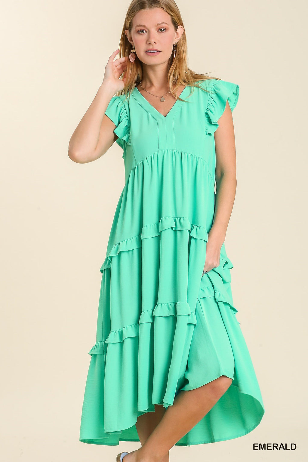 Emerald Umgee Split Neckline, Tiered Maxi Dress with Flutter Sleeves