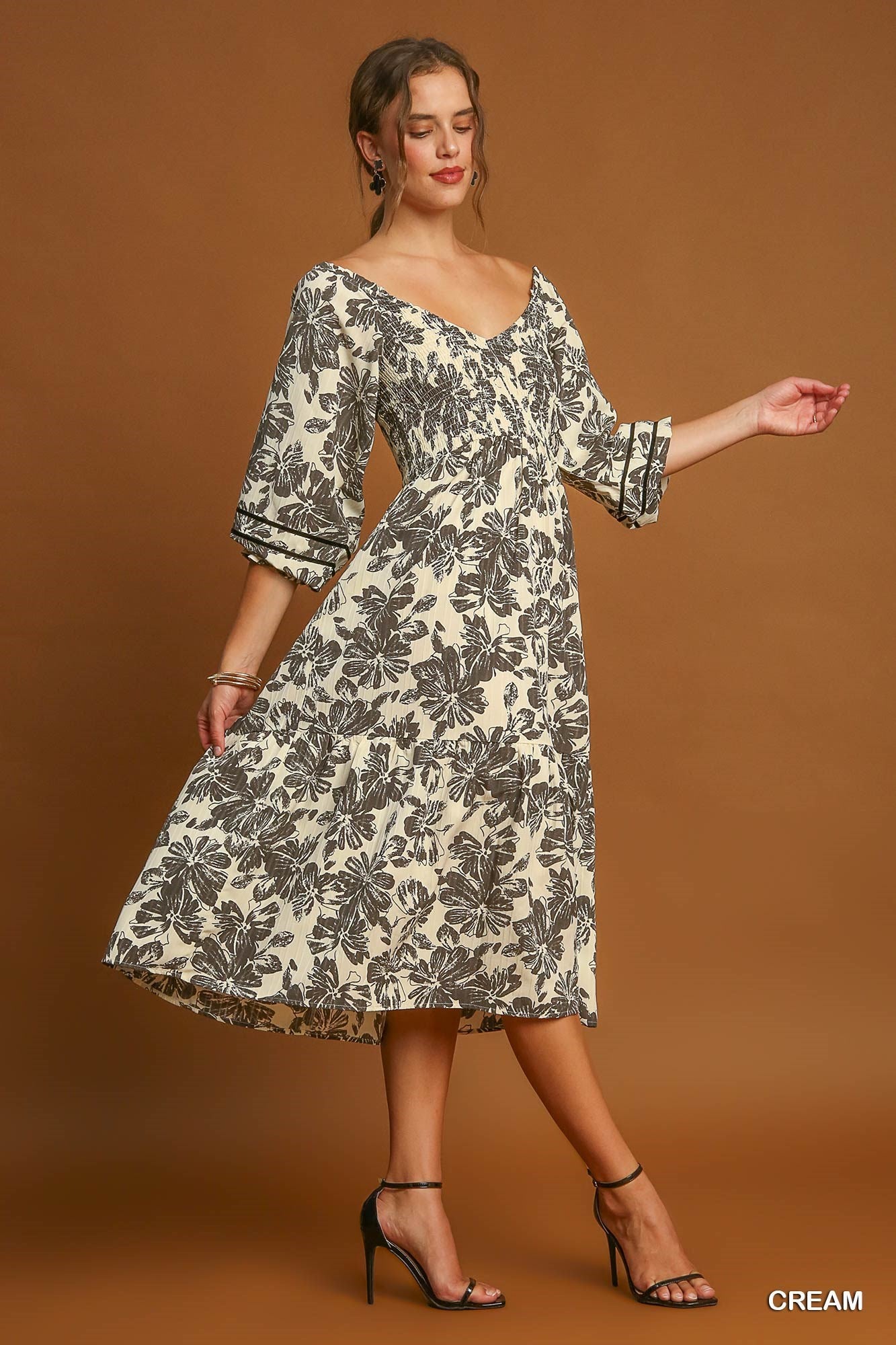 Umgee Cream Print Smocked Midi Dress