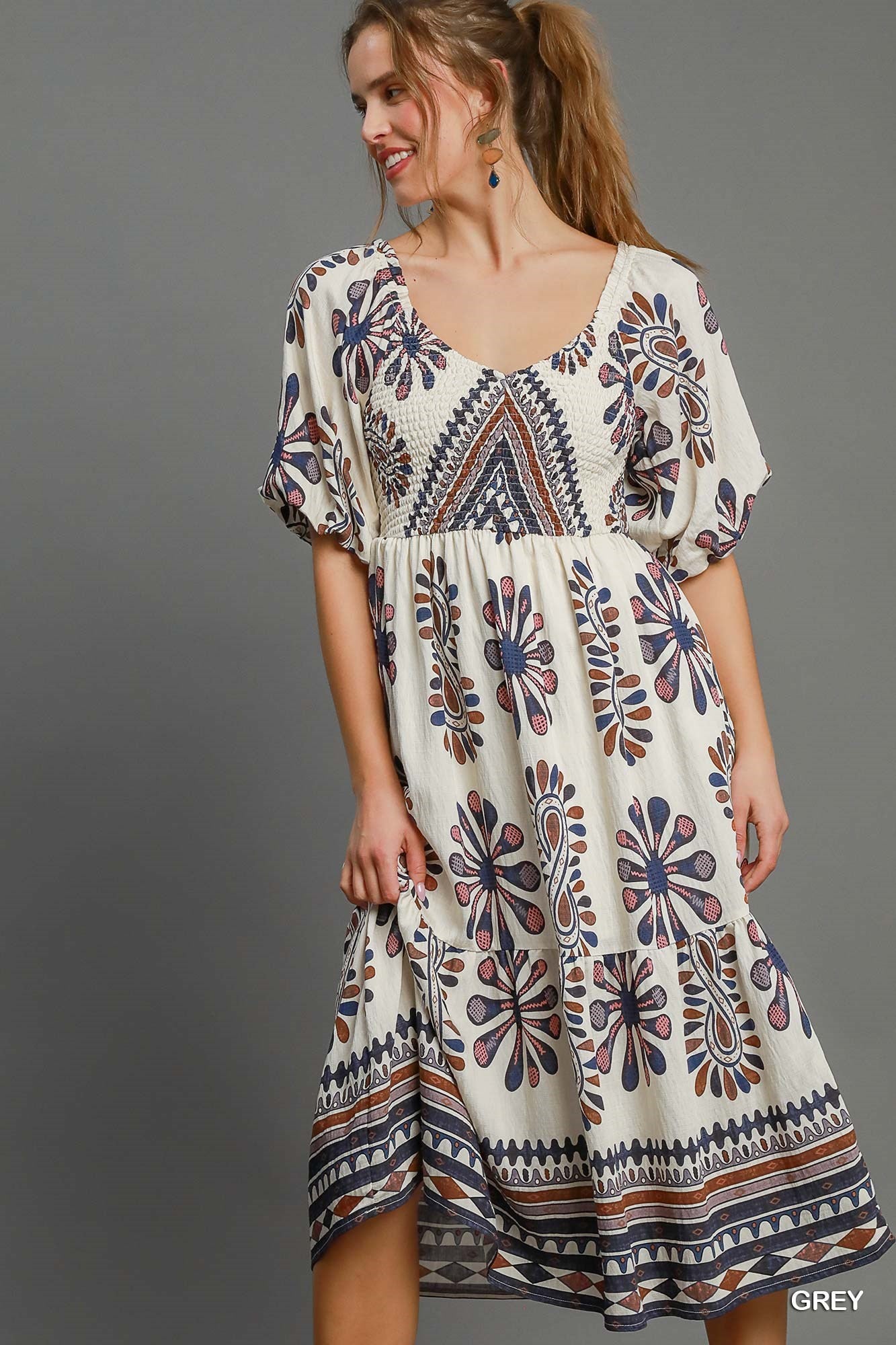 Umgee Blue/Brown Mix Print Tiered Midi Dress