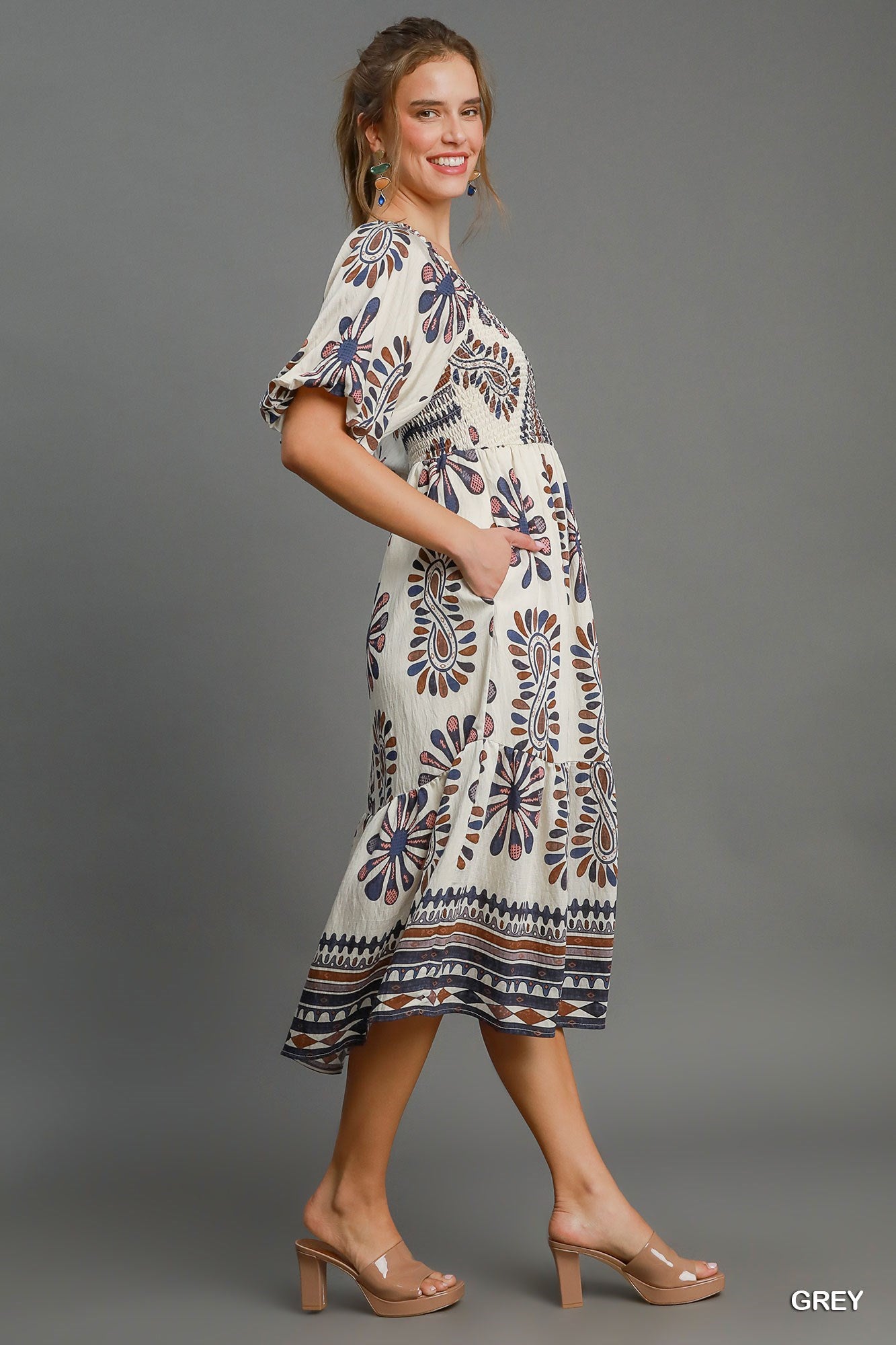 Umgee Blue/Brown Mix Print Tiered Midi Dress