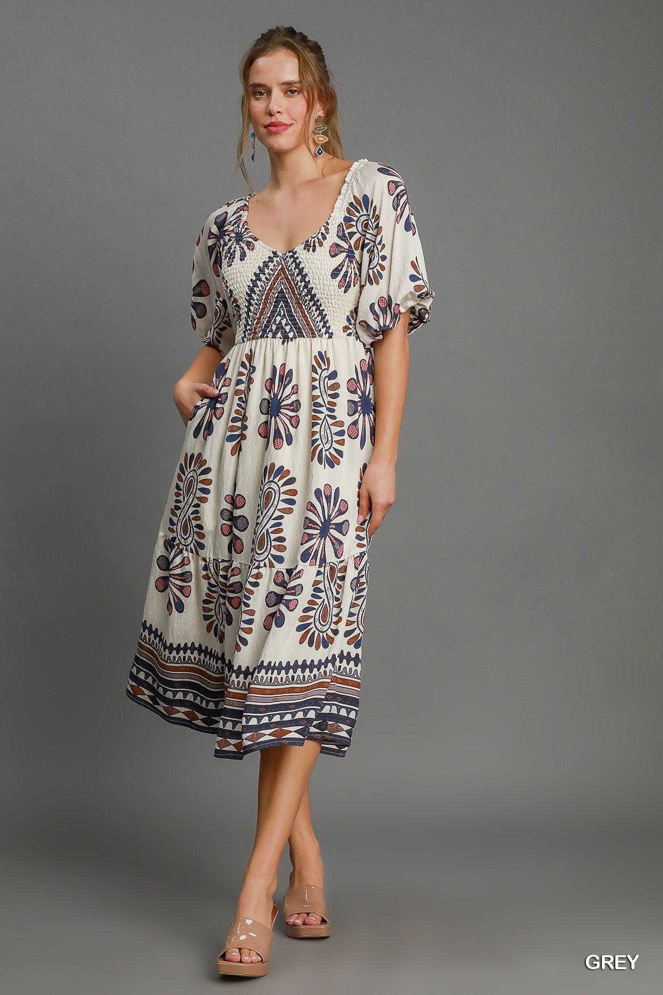 Umgee Blue/Brown Mix Print Tiered Midi Dress