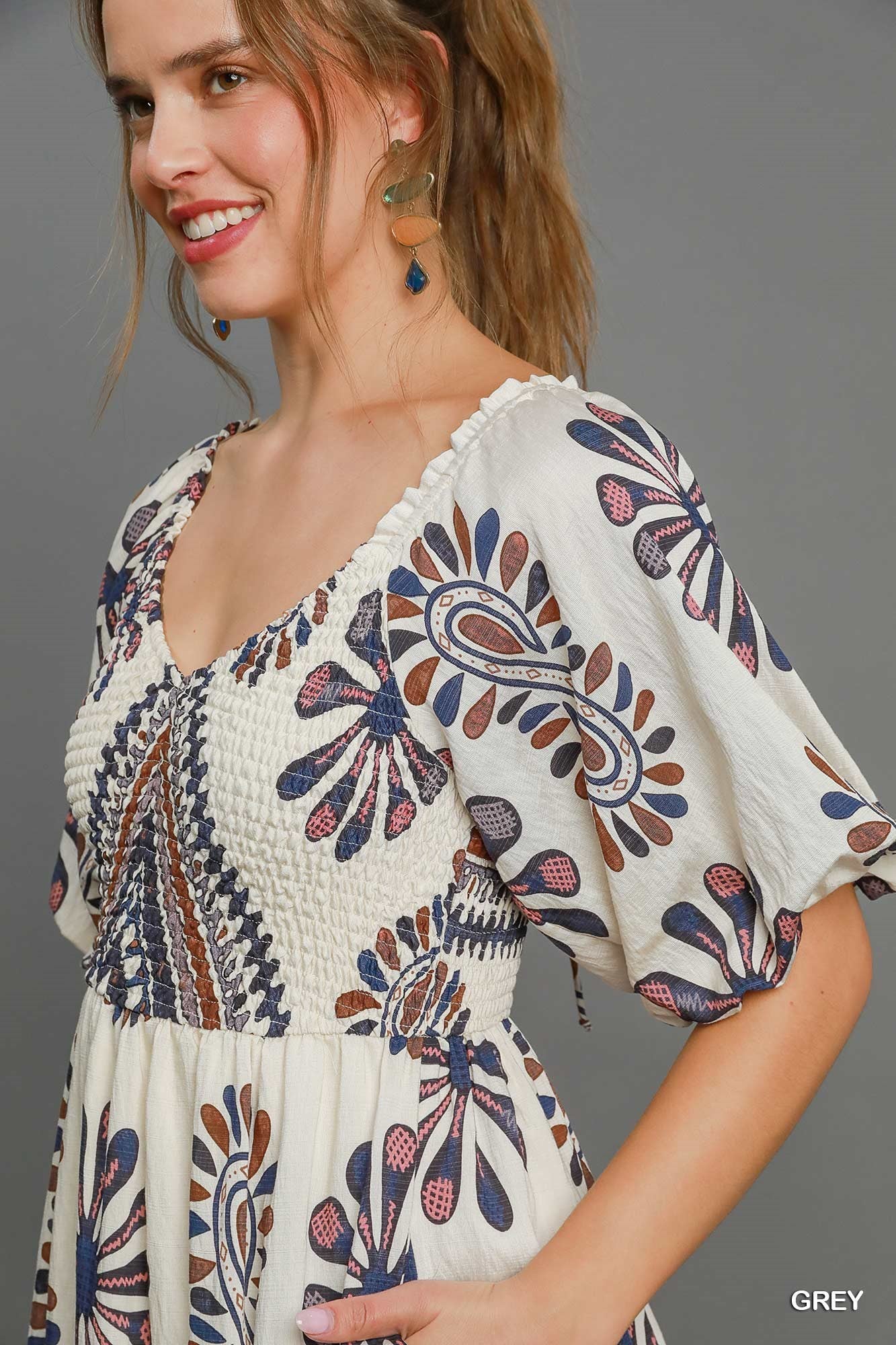 Umgee Blue/Brown Mix Print Tiered Midi Dress