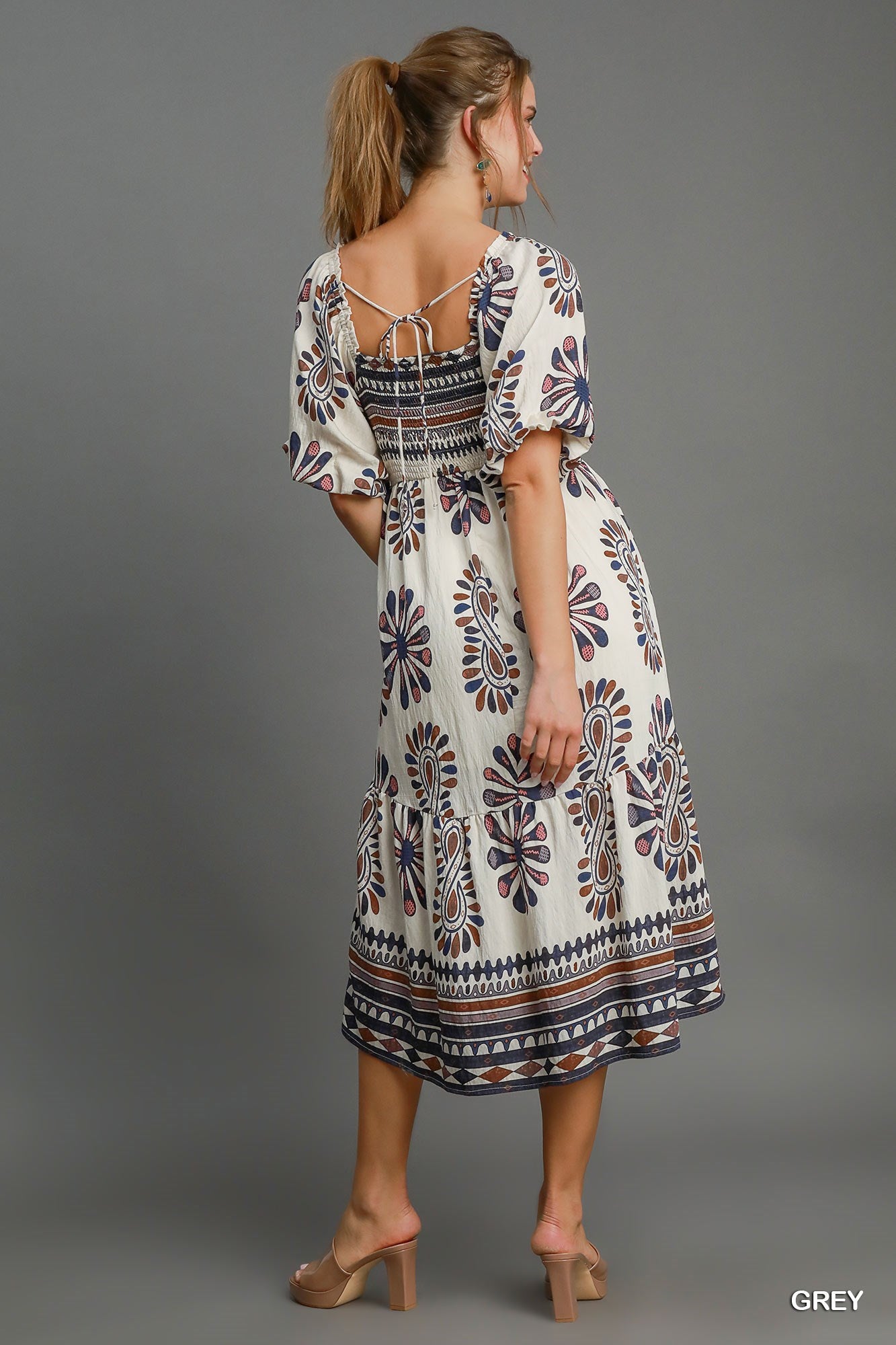 Umgee Blue/Brown Mix Print Tiered Midi Dress