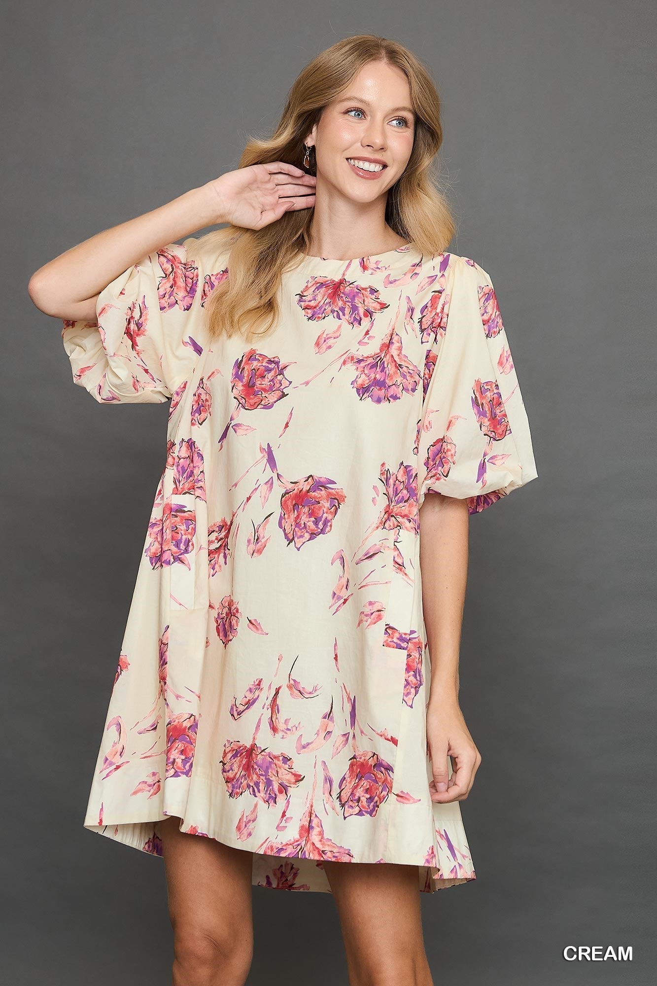 Umgee Cream Floral Print Puff Sleeved Dress