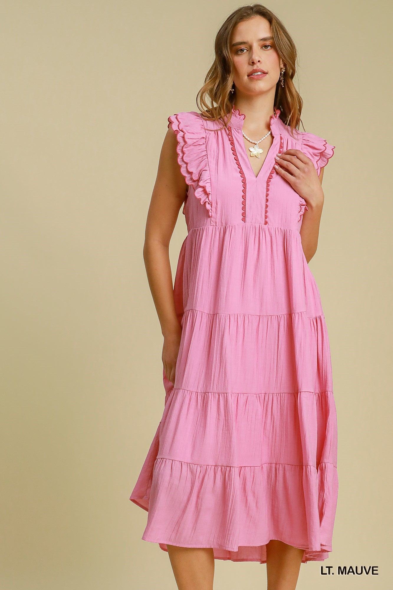 Umgee Pink Tiered Maxi Dress with Scalloped Details