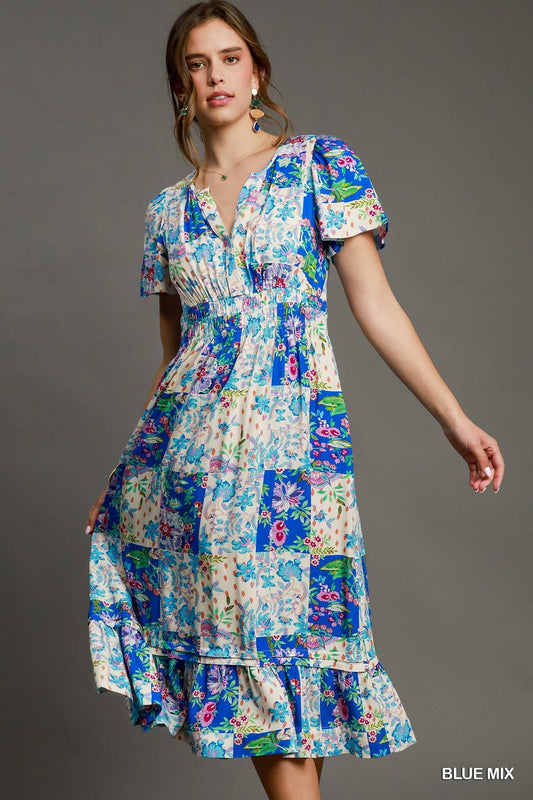 Umgee Blue Floral Mix Patchwork Midi Dress