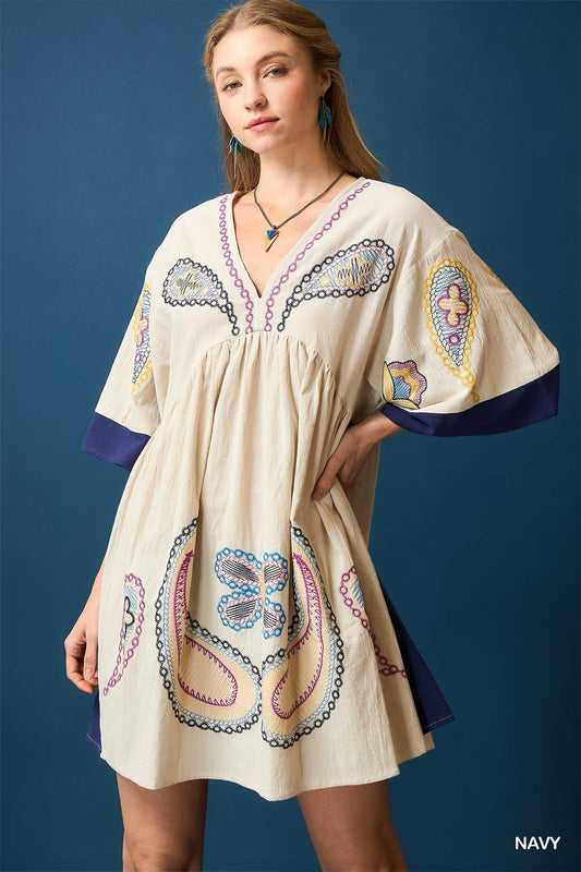 Umgee Navy Mix Boho Embroidered Dress