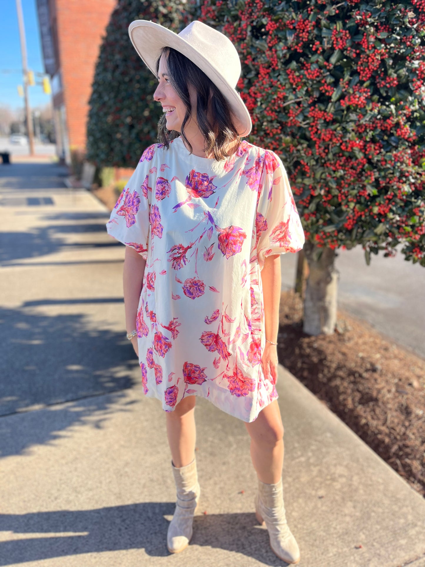 Umgee Cream Floral Print Puff Sleeved Dress