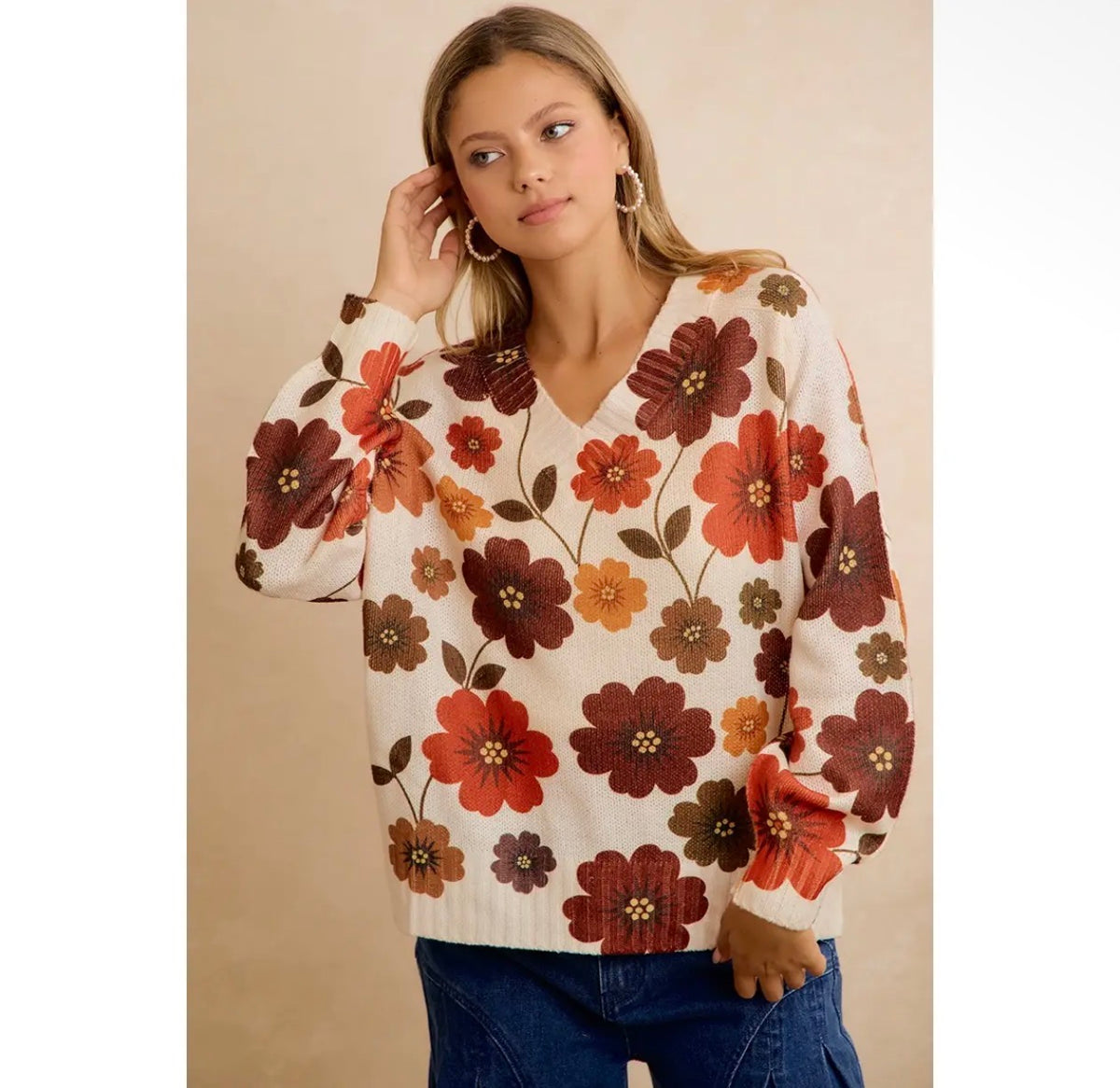 Retro Floral Printed V Neck Relaxed Fit Knit Sweater - Brown Mix