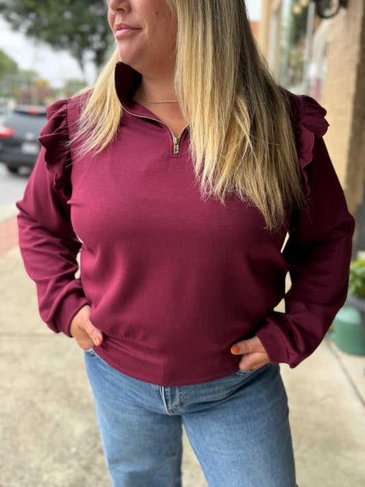 PLUS Umgee Luxeknit Ruffle Shoulder Quarter-Zip Pullover