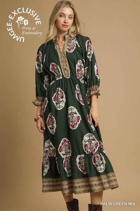 Umgee Flower Patch Border Copyright Print V-Neck Midi Dress