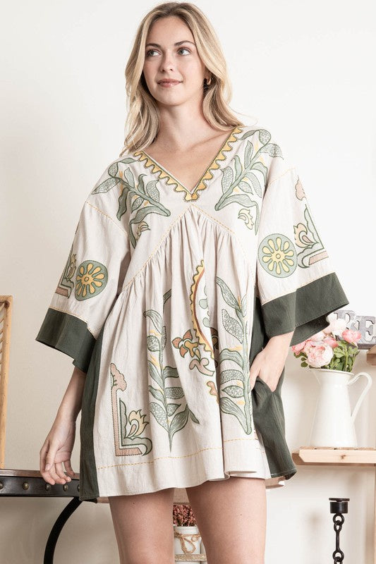 Embroidered Floral Cotton-Linen Mini Dress