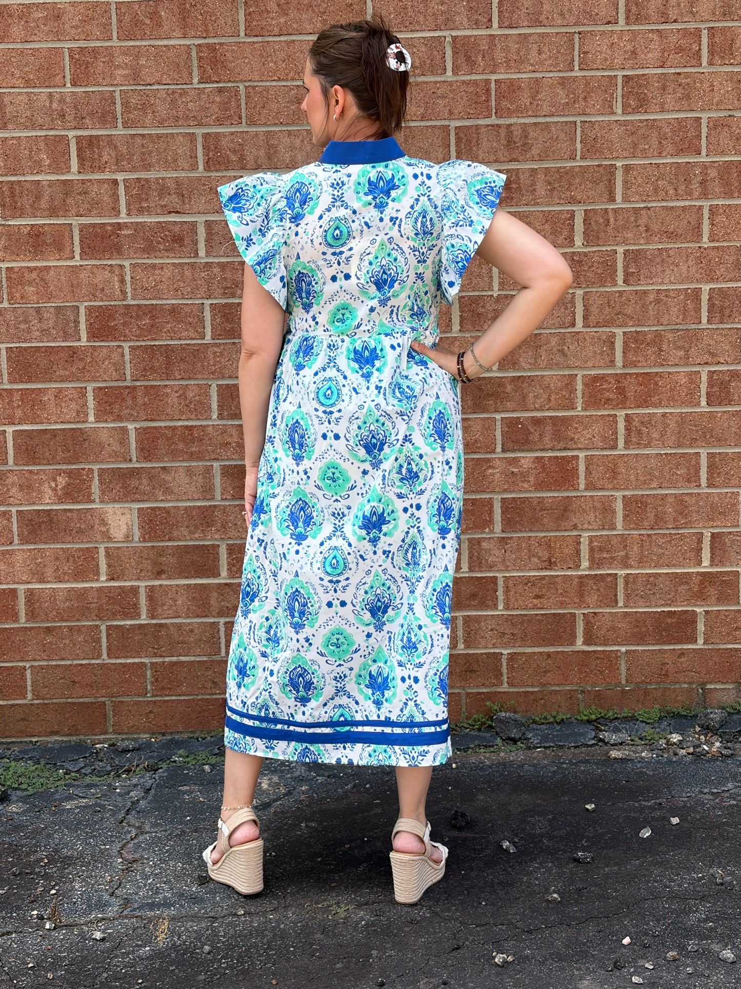 Entro Blue & Green Botanical Print Flutter Sleeve Midi Dress