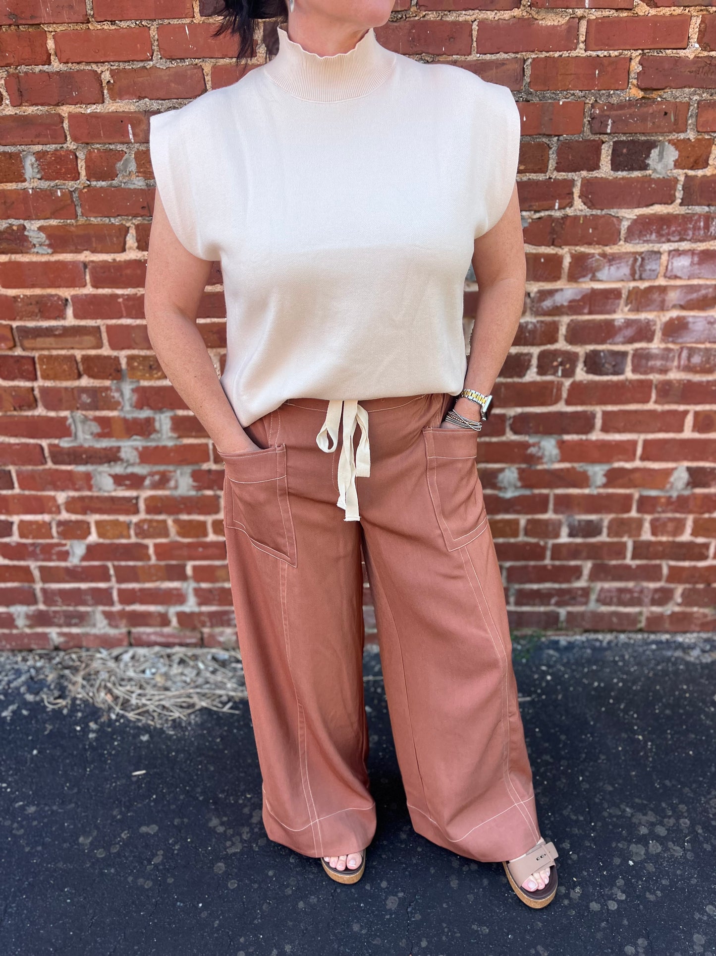 Contrast Stitch Wide Leg Pant - Clay