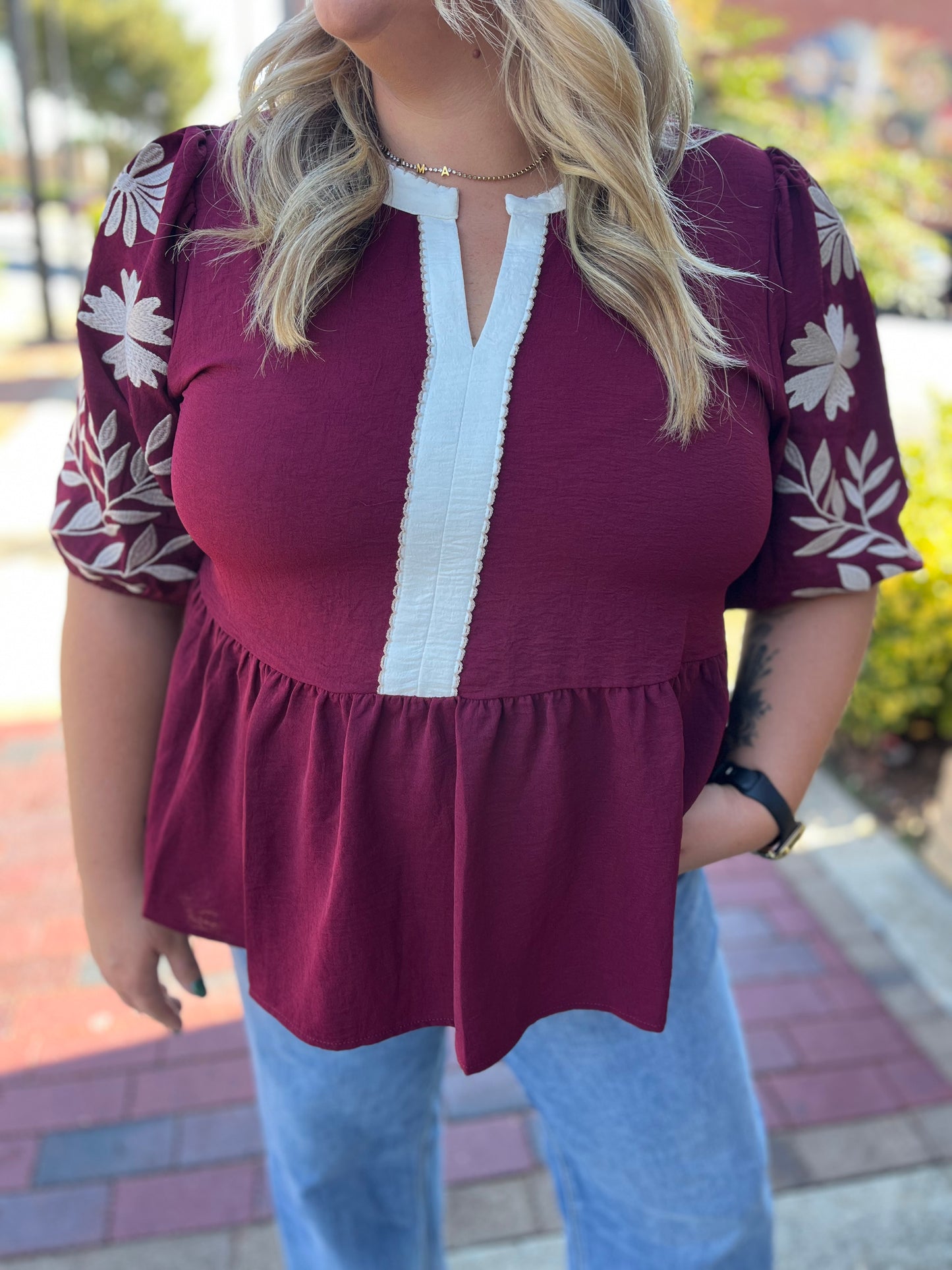 PLUS Oddi Puff Sleeve Peplum Blouse [Burgundy] – Fall & Winter Tops