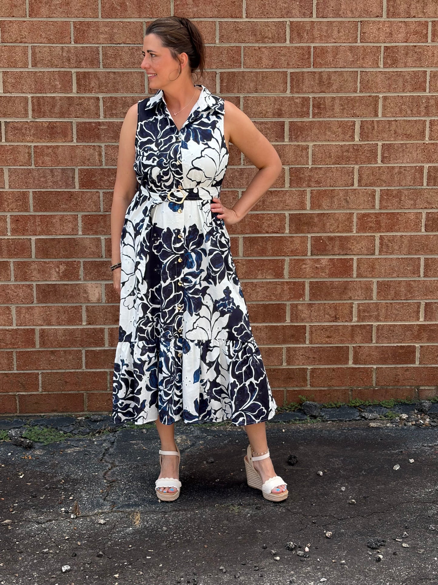 Entro Navy Floral Print Sleeveless Midi Dress with Tie Waist