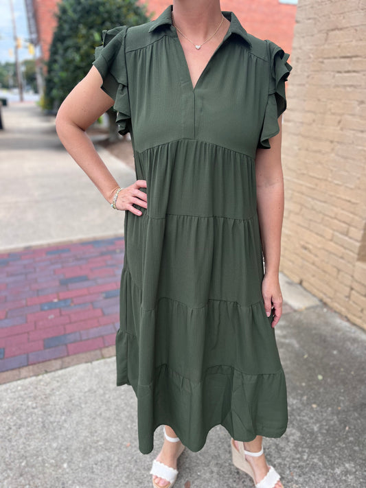 Umgee Olive Green Midi Dress with Collar