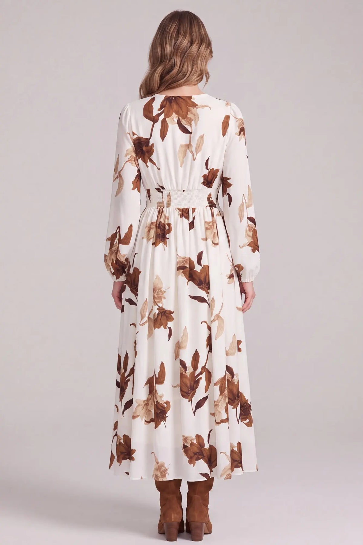 She and Sky Cream & Brown Floral Smocked Waist Maxi Dress with Pockets