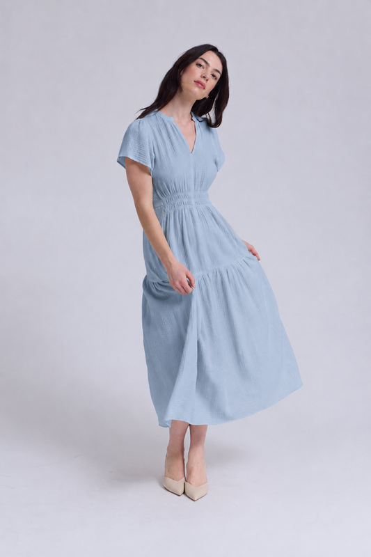 Sky Blue Cotton Gauze Ruffle Midi Dress