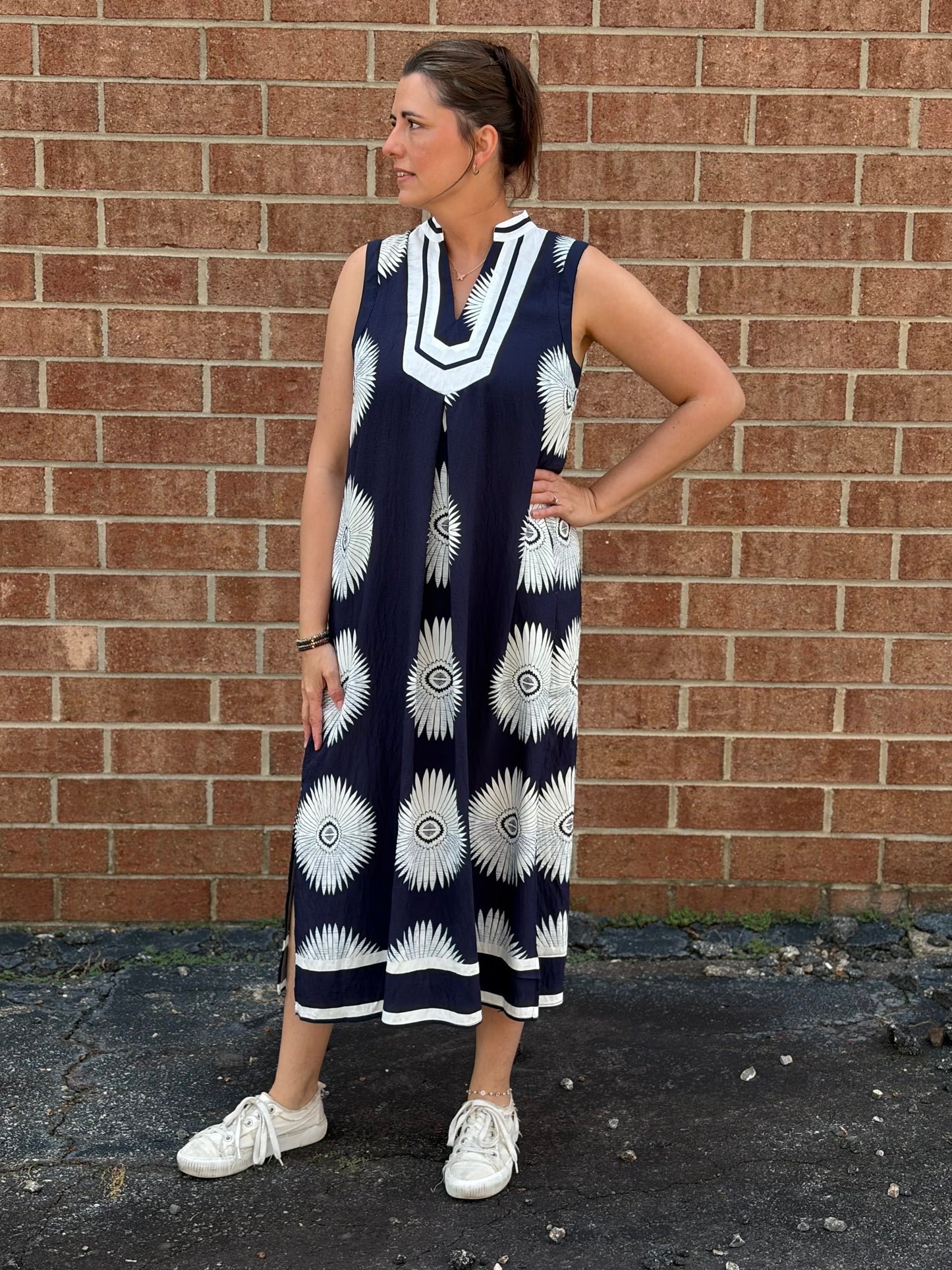 Umgee Navy Geometric Print Midi Dress – Sleeveless A-Line Dress with Pockets