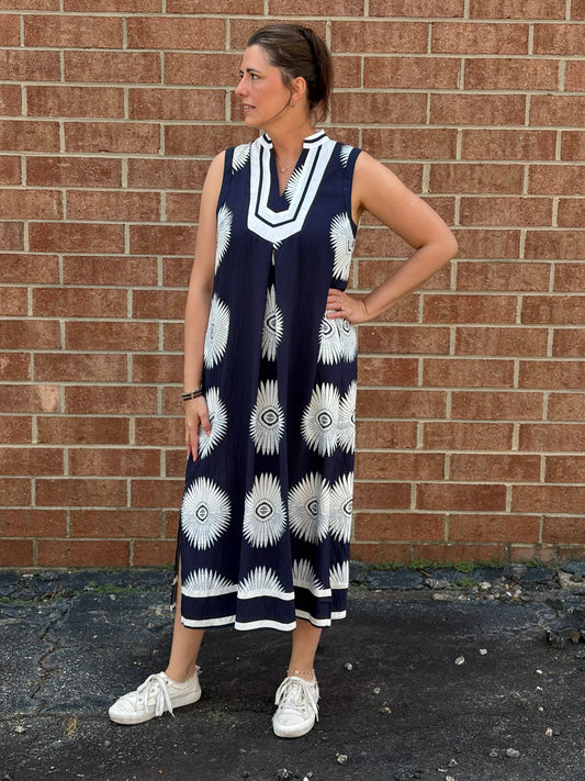 Umgee Navy Geometric Print Midi Dress – Sleeveless A-Line Dress with Pockets