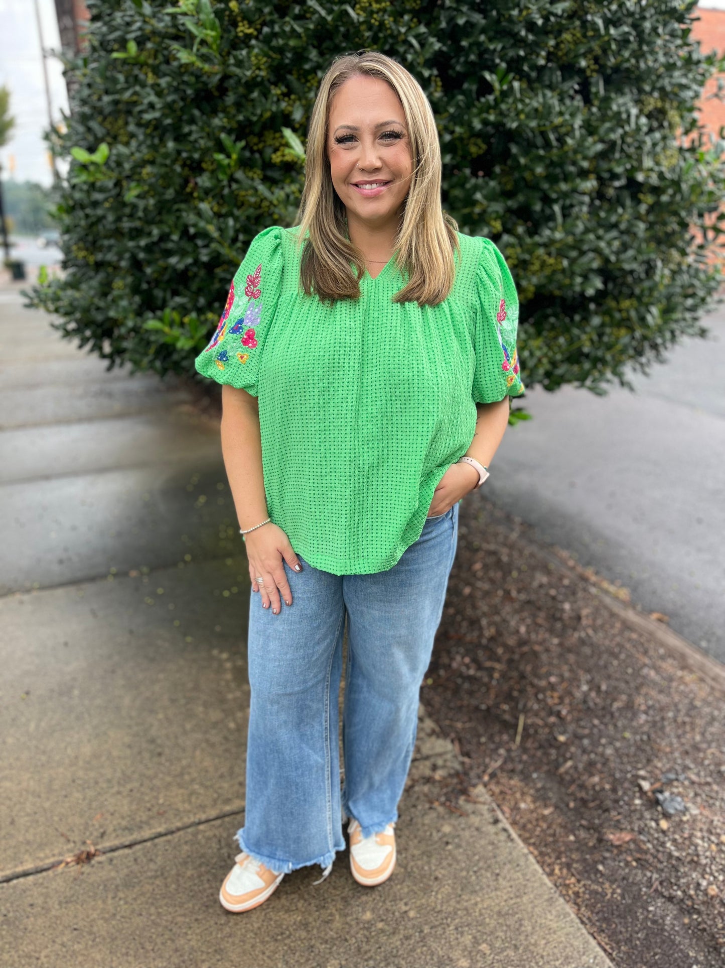 PLUS Umgee Green Ruffle Neck Top with Embroidery