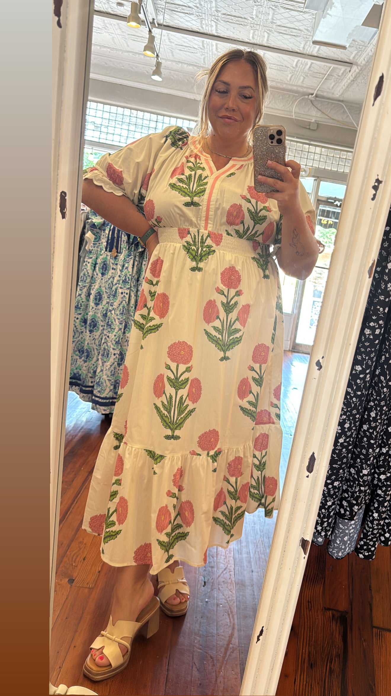 PLUS Umgee Pink & Green Floral Smocked Midi Dress