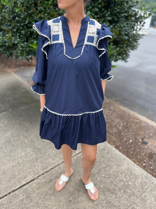 Navy Drop Waist Mini Dress with Crochet Lace Detail