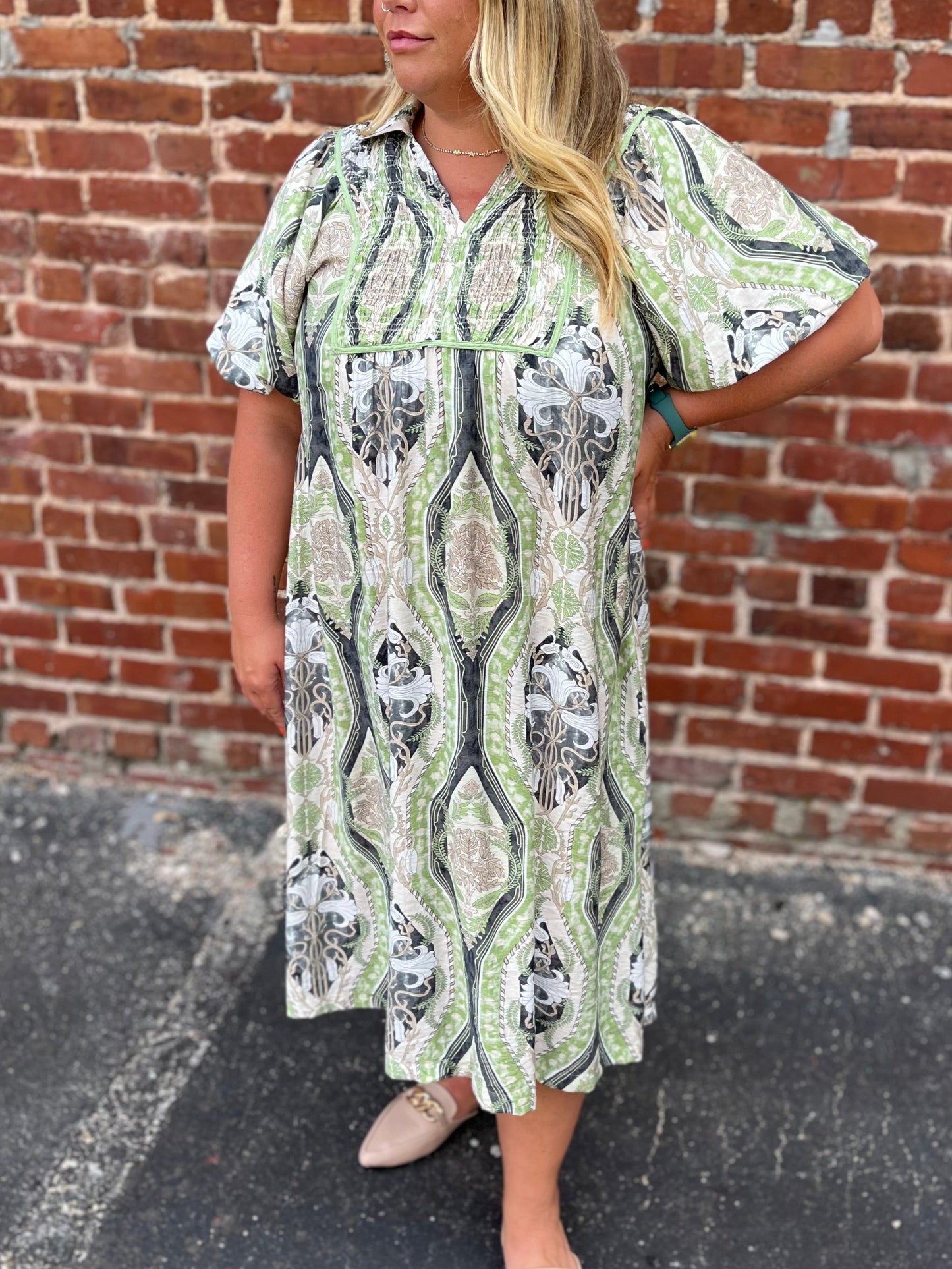 PLUS Umgee Abstract Print Smocked Midi Dress