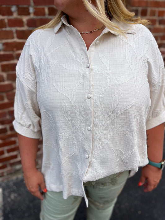 PLUS Umgee Jacquard Textured Leaf Button-Down Blouse