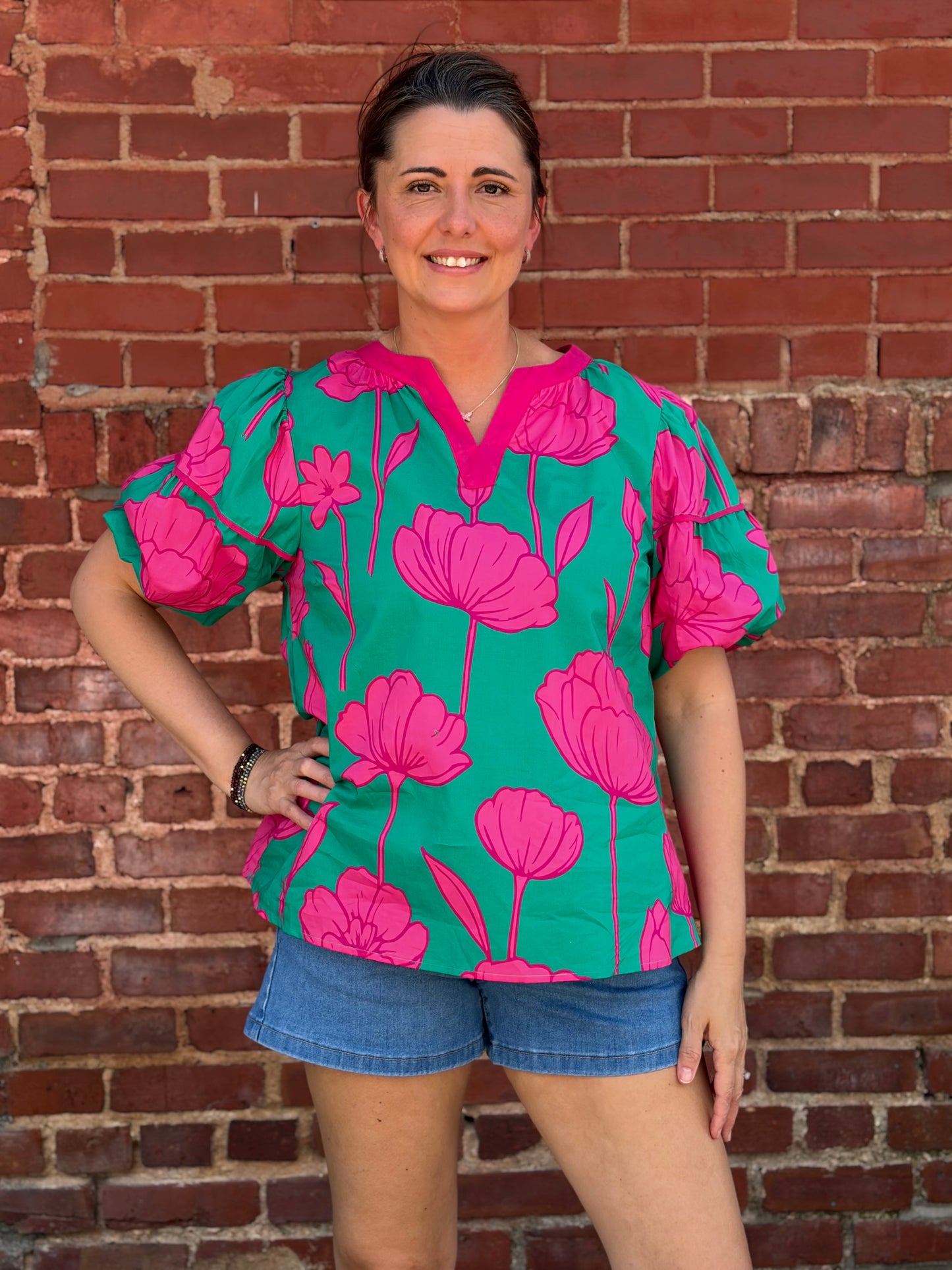 Umgee Floral Puff Sleeve Blouse – Green & Pink Cotton V-Neck Top