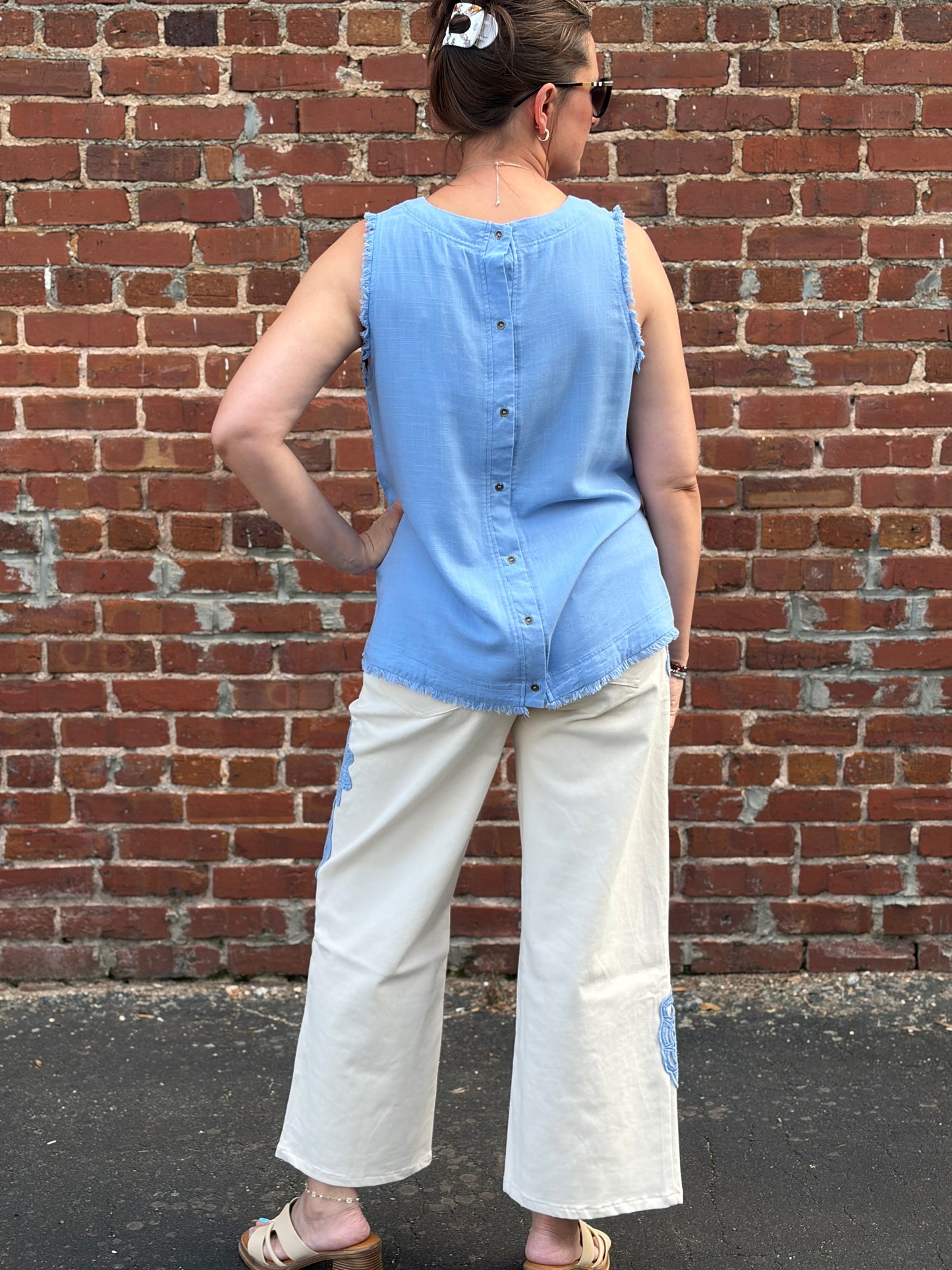 Entro Cream Wide-Leg Pants with Blue Floral Lace Appliqué