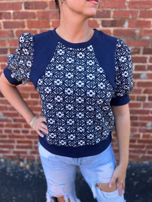 Navy Floral Jacquard Top