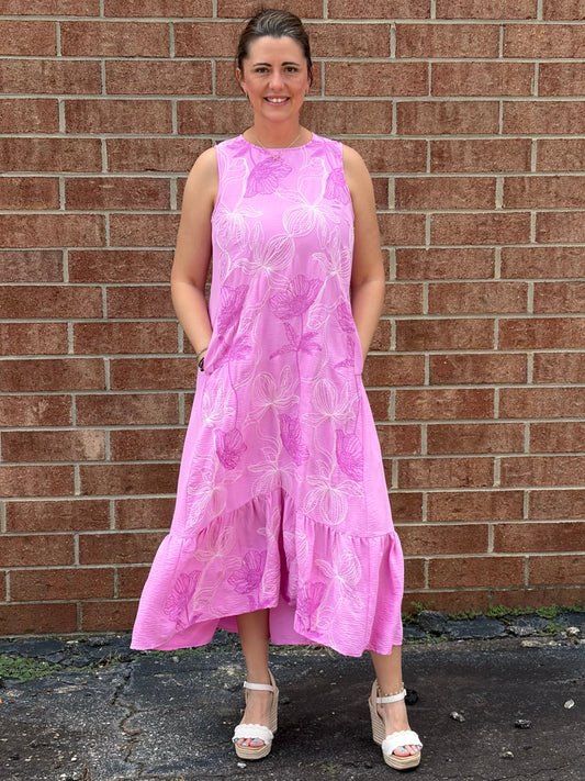 Umgee Peony Floral Print Sleeveless Ruffle Hem Midi Dress