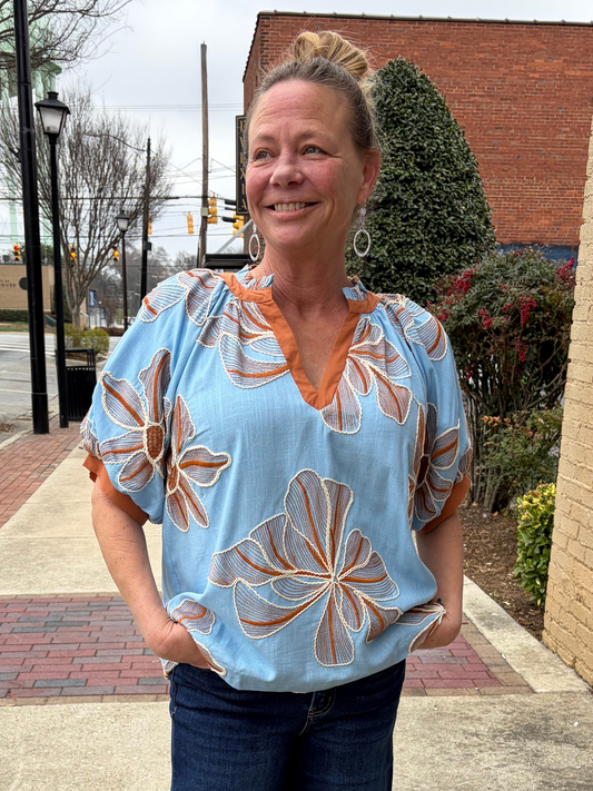Umgee Blue & Brown Embroidered Linen V-Neck Top