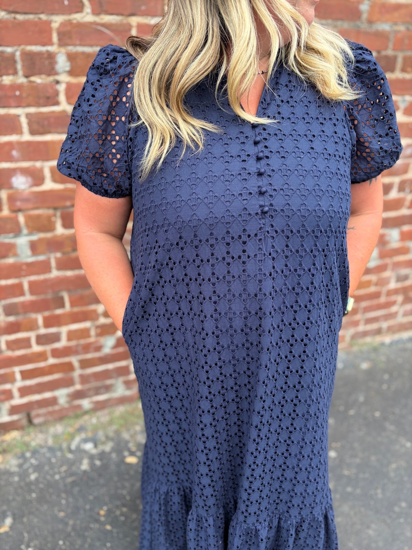 PLUS Entro Navy Eyelet Puff Sleeve Midi Dress with Pockets