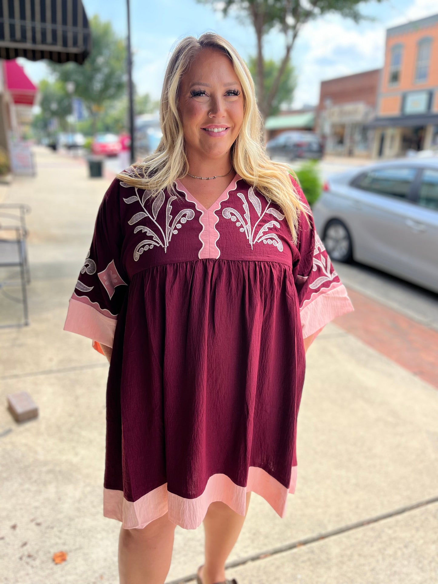 Embroidered Plunge V-Neck Mini Dress with Contrast Bands – Burgundy Mix + PLUS