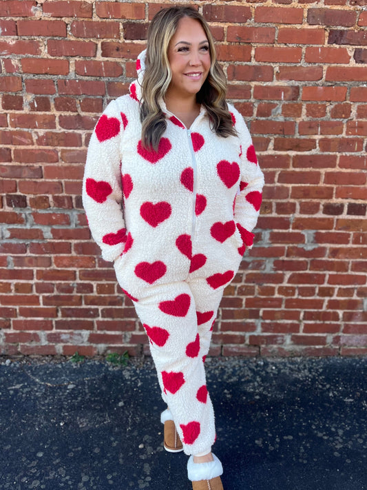 Fuzzy Heart Zip Up Hooded Lounge Jumpsuit