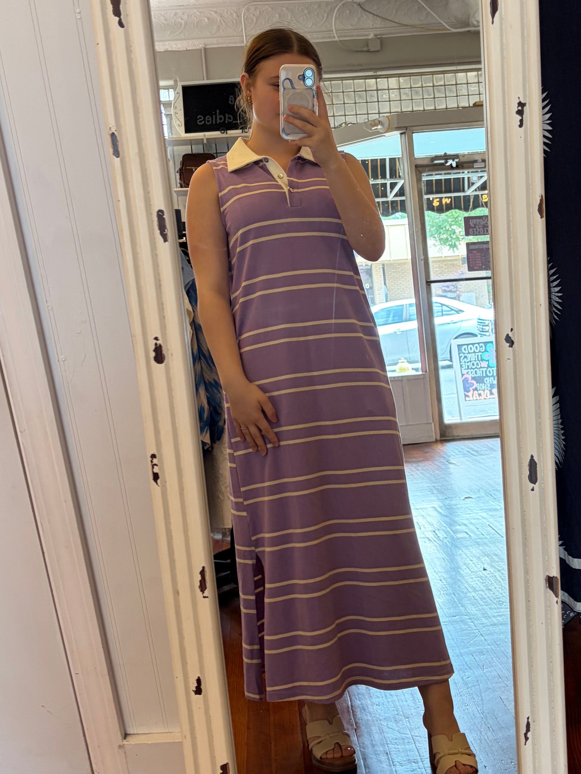 Entro Lavender Striped Sleeveless Midi Dress with Contrast Collar