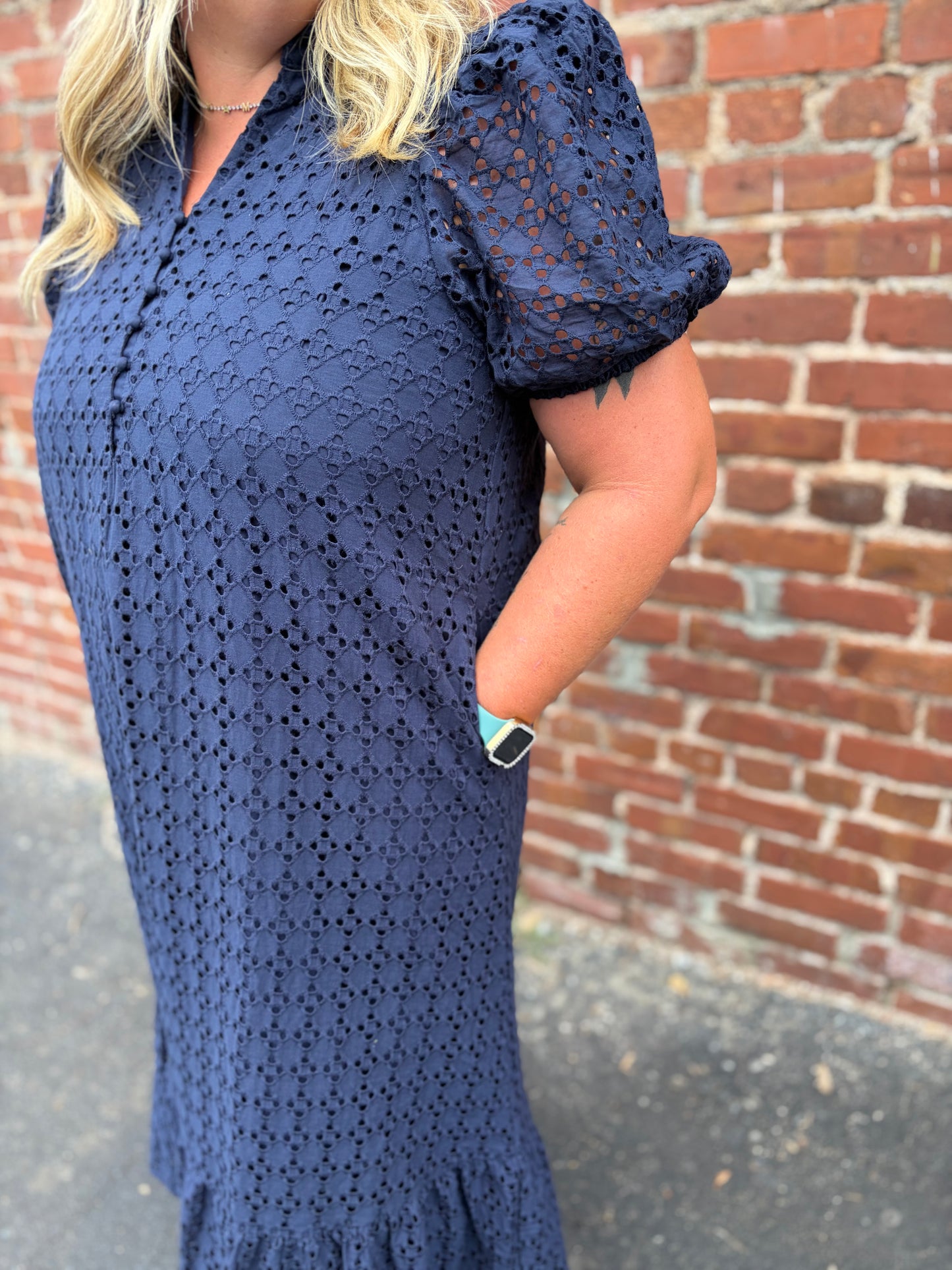 PLUS Entro Navy Eyelet Puff Sleeve Midi Dress with Pockets