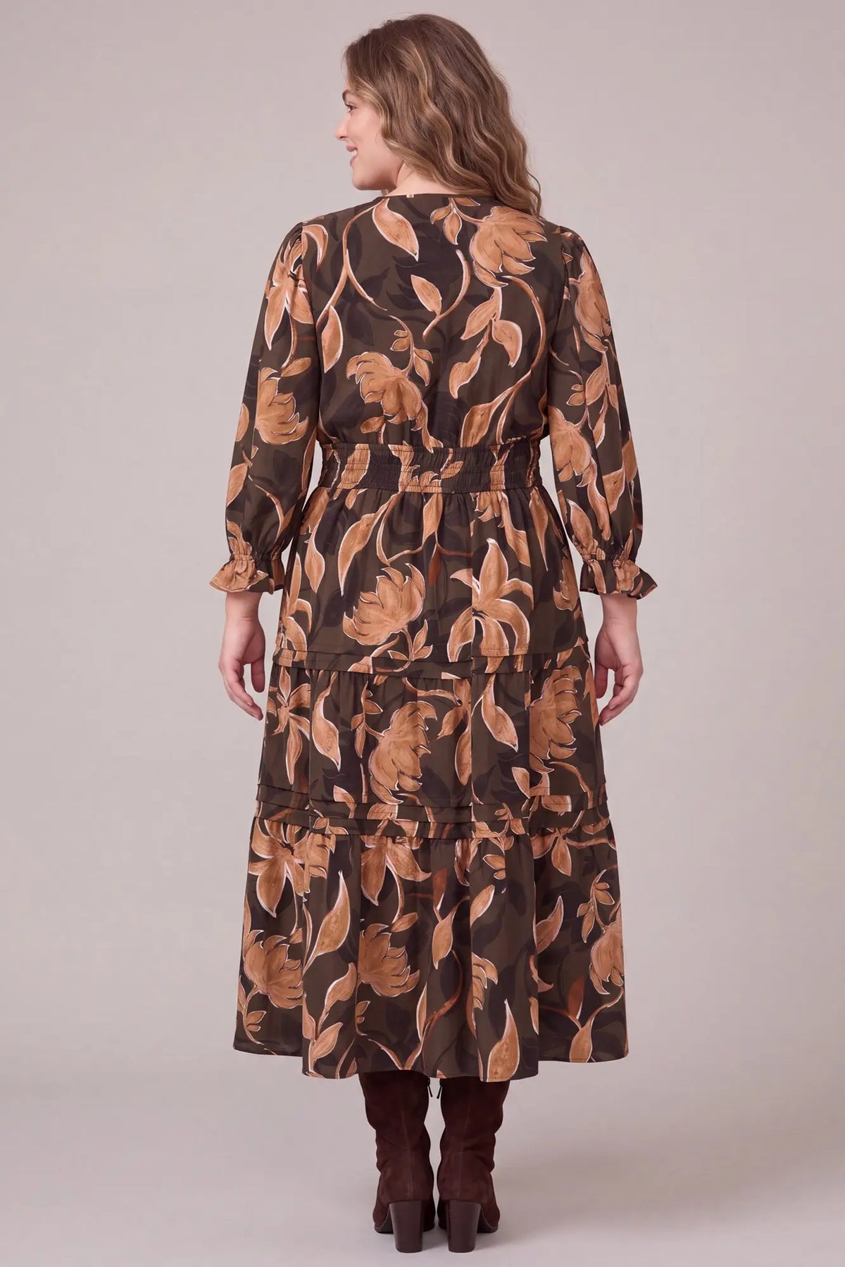 PLUS She and Sky Chocolate Brown & Tan Floral Tiered Midi Dress with Smocked Waist