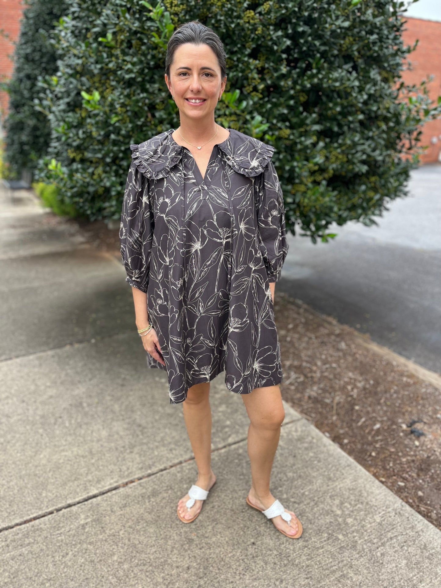 Charcoal Floral Print Mini Dress with Collar