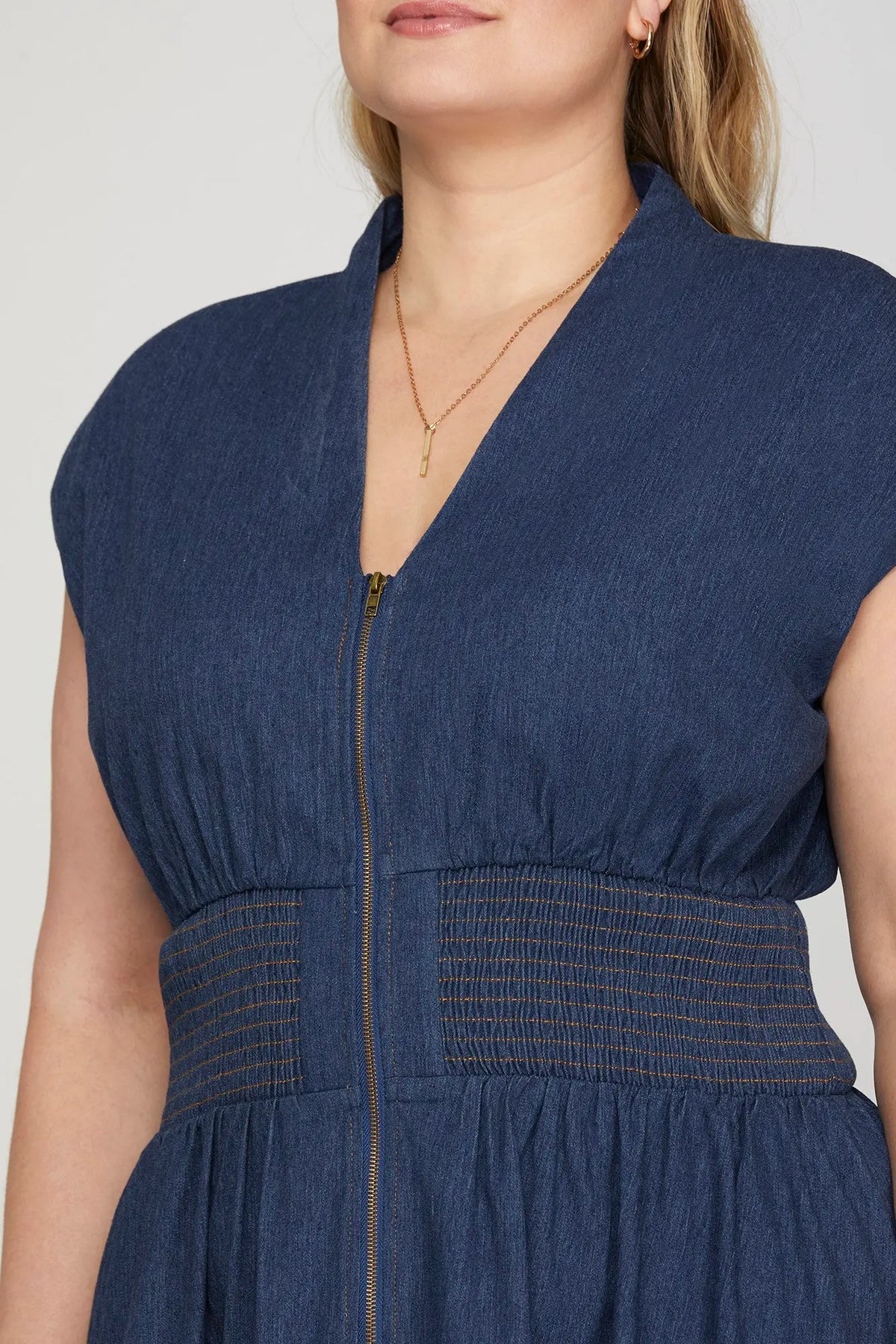 PLUS She and Sky Washed Denim Midi Dress with Smocked Waist & Front Zipper
